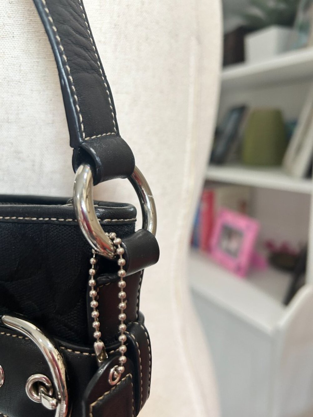 Coach Signature Shoulder Bag | Black Monogram Canvas Leather Buckle Accent - Picture 5 of 13